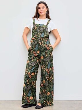 NWOT Cider Floral Wide-Leg Overalls in Dark Green with Orange & Blue Accents